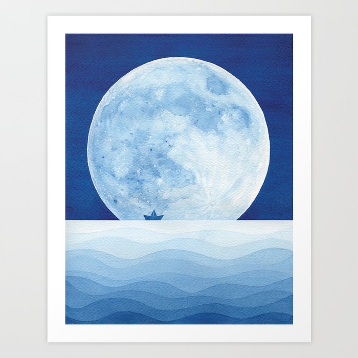 Full moon & paper boat Art Print