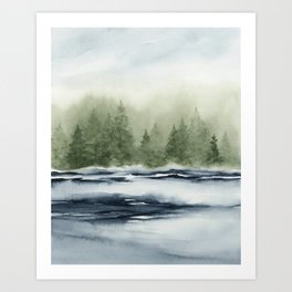 River Revere II - Navy Blue and Sage Green Wall Art, River and Trees Watercolor Painting, Abstract Nature Art Art Print