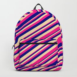 [ Thumbnail: Deep Pink, Dark Blue & Beige Colored Lined Pattern Backpack ]