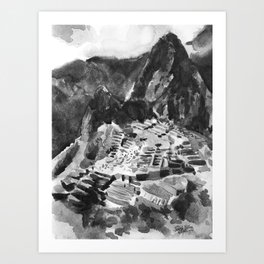 Machu Picchu Peru Black and White Watercolor Painting Art Print