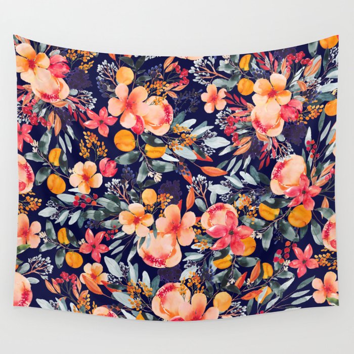 Navy Floral Wall Tapestry