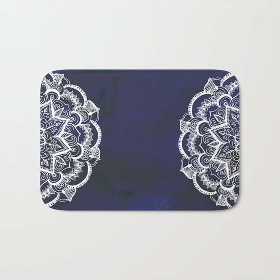 White Feather Mandala on Navy Bath Mat
