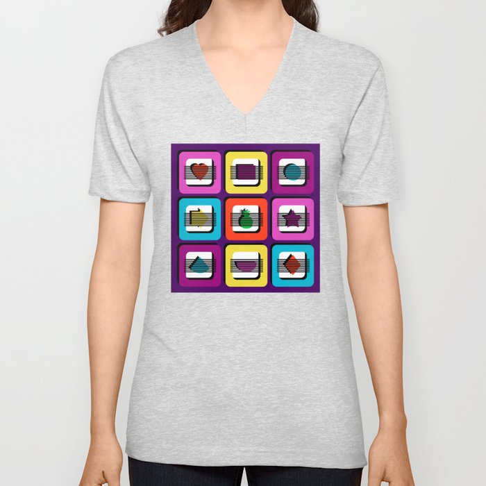 Boxed Illusion - Bright Bold Multi Colors V Neck T Shirt