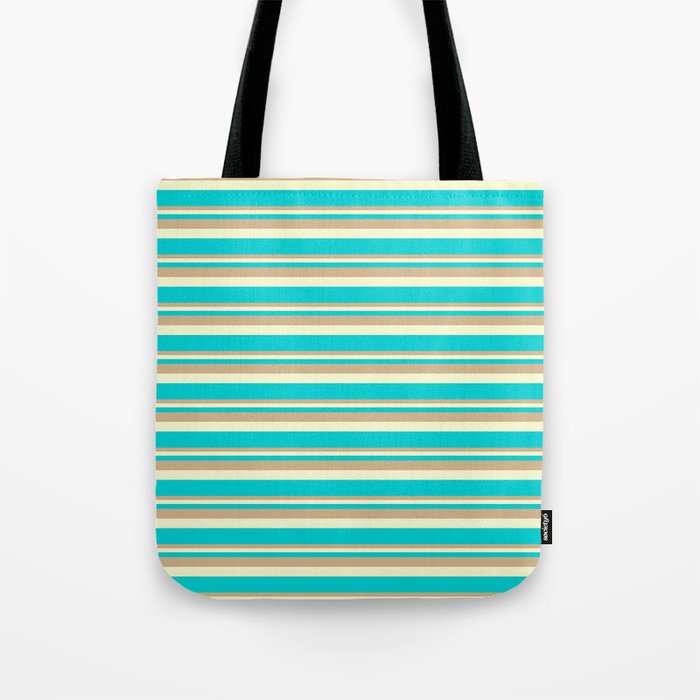 Tan, Light Yellow, and Dark Turquoise Colored Lined Pattern Tote Bag