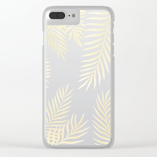 Gold palm leaves on grey Clear iPhone Case