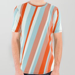 [ Thumbnail: Dark Salmon, Red, Mint Cream, and Powder Blue Colored Lined Pattern All Over Graphic Tee ]