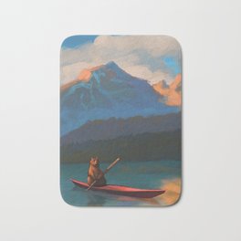 Kayaking Bear Bath Mat | Brown, Friendship, Animal, Painting, Digital, Reflection, Lake, Red, Sport, Mountains 
