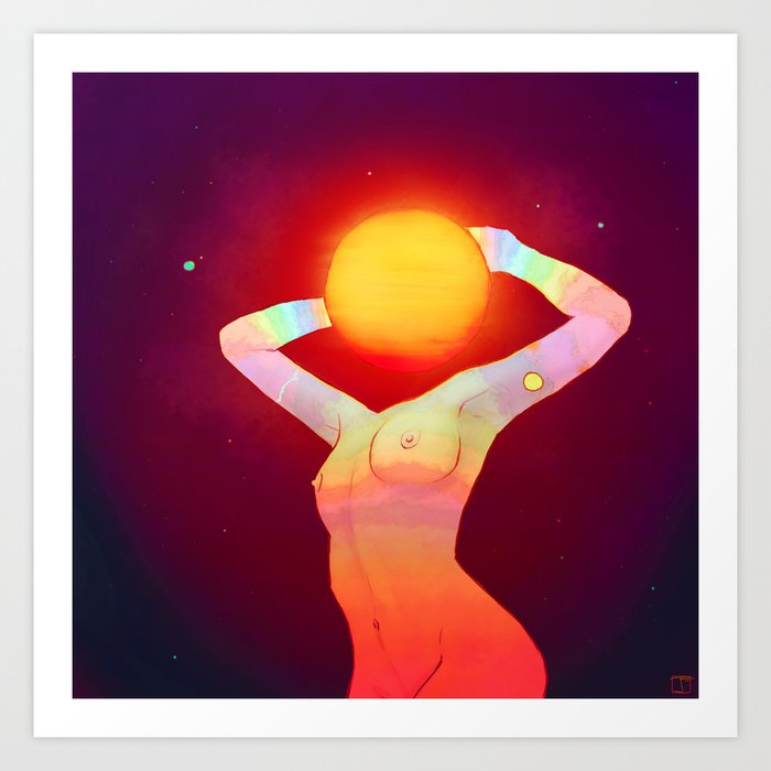 Sun Head Kunstdrucke | Drawing, Digital, Illustration, Concept, Surrealismus, Sonne, Galaxie, Sonnensystem, Weltraum, Goddess