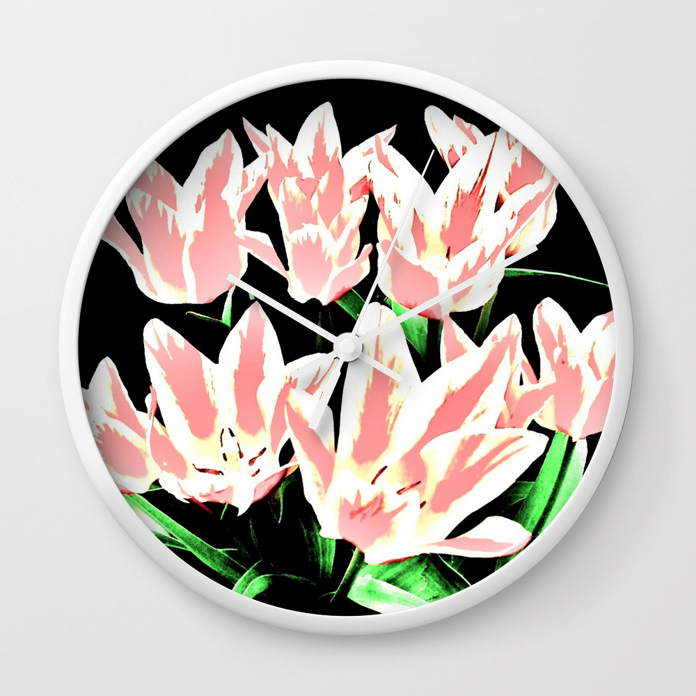 Rose White Tulpis On Black Background Clipart Wall Clock By Costa