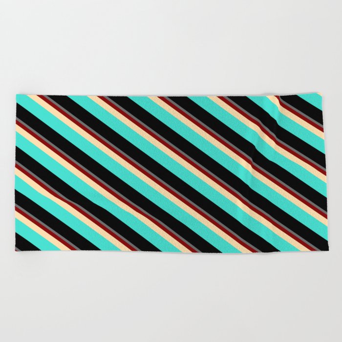 Colorful Dim Gray, Maroon, Tan, Turquoise & Black Colored Stripes/Lines Pattern Beach Towel