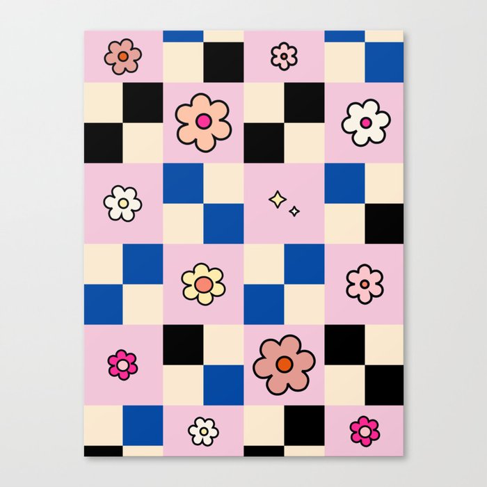 Checkered Flower Retro Colorful Check Pattern Pink And Blue Canvas Print