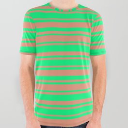 [ Thumbnail: Green and Dark Salmon Colored Lined Pattern All Over Graphic Tee ]