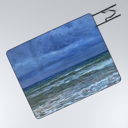 'Ocean Blue Twilight' waves rushing to seashore coastal landscape painting by Giorgio Belloni Picnic Blanket