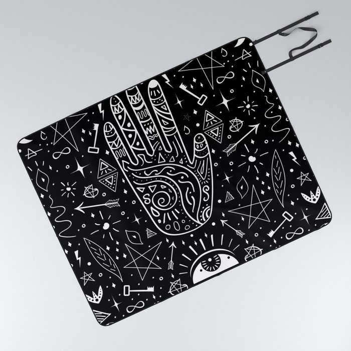Black background occult pattern with mystical chalk signs Picnic Blanket