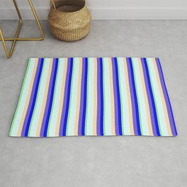 [ Thumbnail: Eye-catching Light Green, Blue, Slate Blue, Tan & Light Cyan Colored Striped/Lined Pattern Rug ]