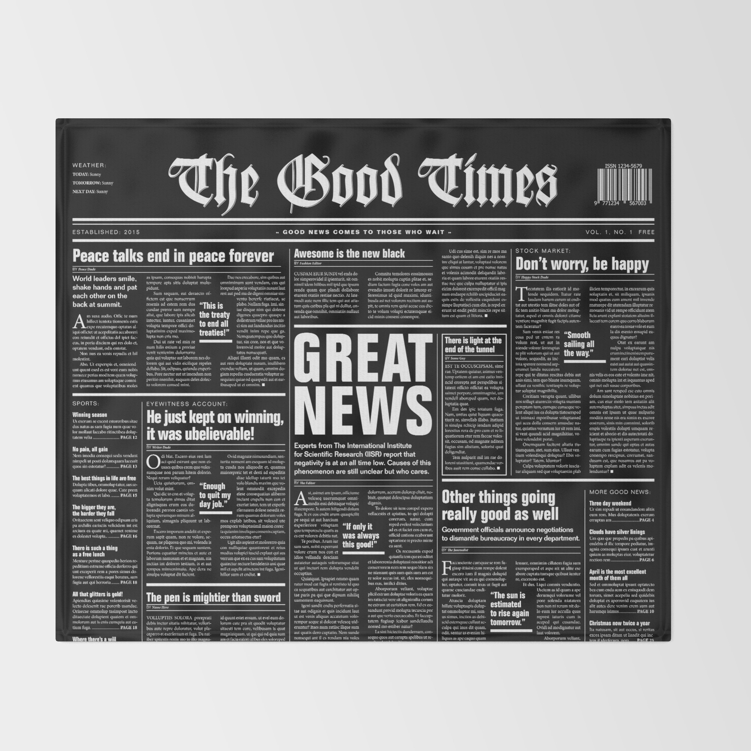 The Good Times Vol 1 No 1 Reversed Newspaper With Only Good News Throw Blanket By Grandeduc Society6