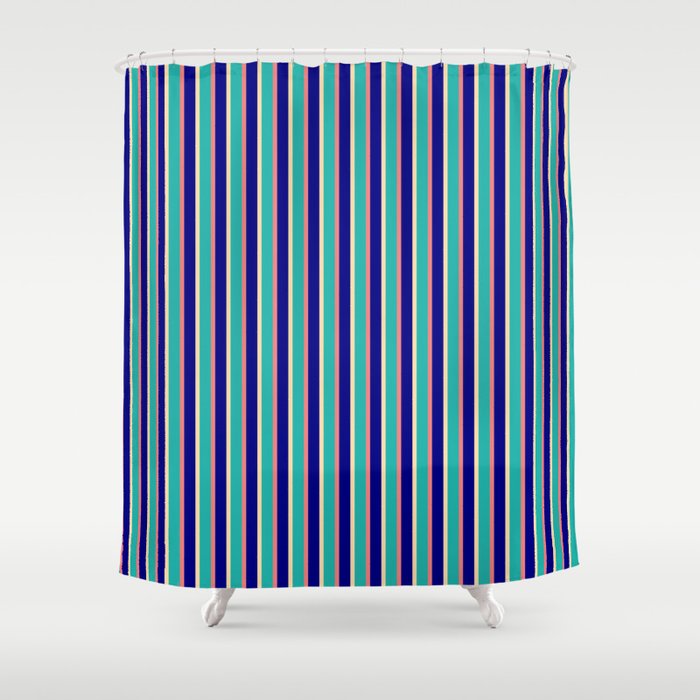 Light Coral, Blue, Tan & Light Sea Green Colored Stripes/Lines Pattern Shower Curtain