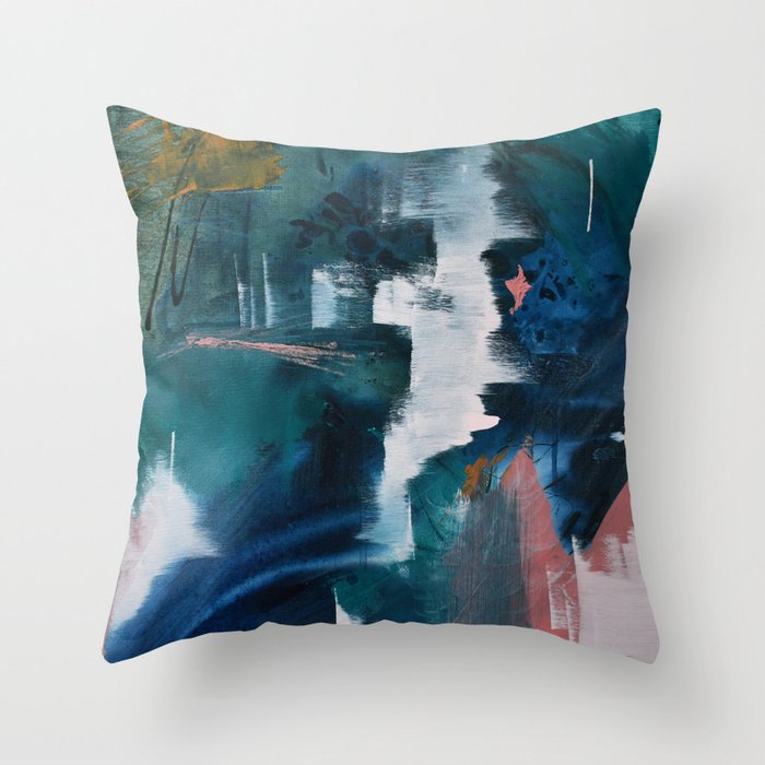Exhilarated: a vibrant, abstract, mixed-media piece in greens and pinks by Alyssa Hamilton Art  Throw Pillow