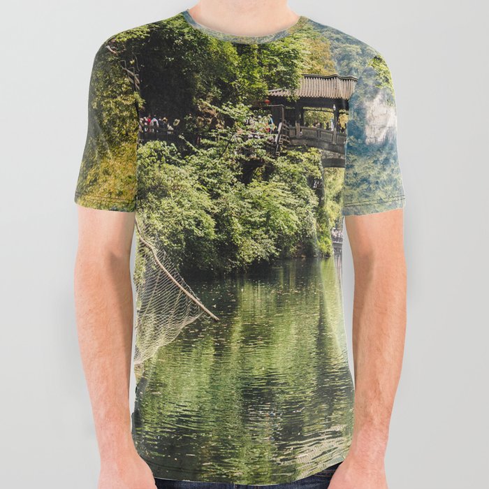 China Photography - Boat Flowing Down The River Between Dense Trees All Over Graphic Tee