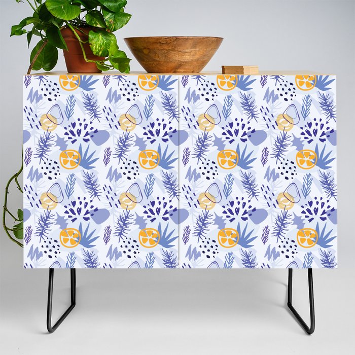 Winter blue leaves abstract pattern Credenza