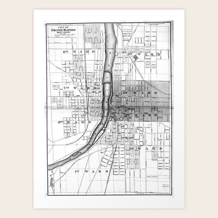 Vintage Map of Grand Rapids Michigan (1873) BW Art Print by