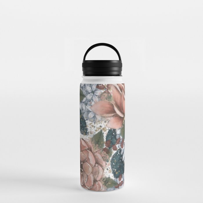 Pink and Gray Flowers Water Bottle