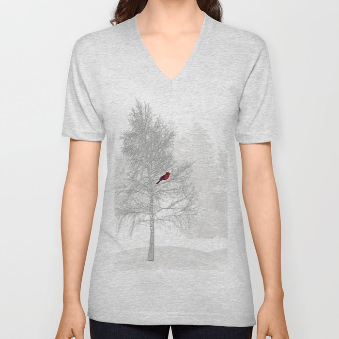 Red Cardinal in a Snowy White Forest V Neck T Shirt