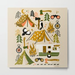 Camping Kit – Olive Palette Metal Print | Fire, Camping, Painting, Trees, Vintage, Summer, Tent, Retro, America, Outdoors 