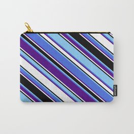 [ Thumbnail: Eyecatching Light Sky Blue, Royal Blue, Indigo, White & Black Colored Lines/Stripes Pattern Carry-All Pouch ]
