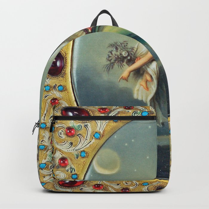 The Guardian Angel in flight over twilight in the city bejeweled portrait painting Backpack