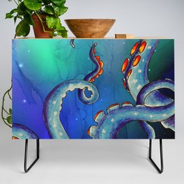 Octopus Tentacles Kraken Galaxy Teal Blue Stars Ink Art Credenza