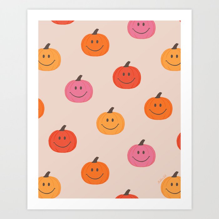 Happy Colorful Pumpkins, Cute and Fun Pumpkin Pattern Art Print