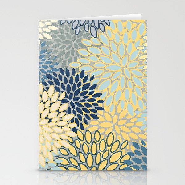 Floral Print, Yellow, Gray, Blue, Teal Stationery Cards