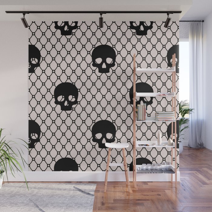 Black skulls Lace Gothic Pattern on Pastel Pale Pink Wall Mural