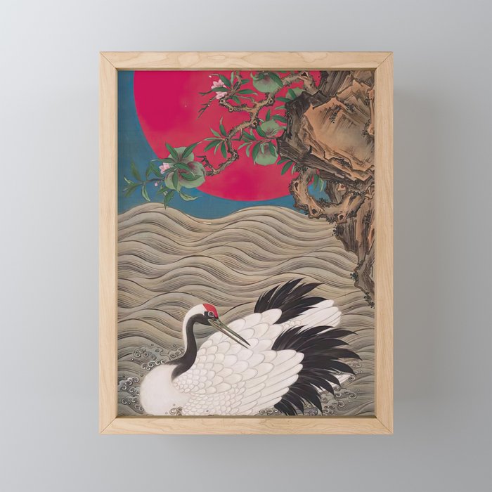 Woodblock art Crane Resting on Waves with Sun Nagamine Seisui   Framed Mini Art Print