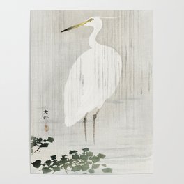 Egret standing in the rain - Vintage Japanese Woodblock Print Poster