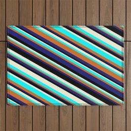 [ Thumbnail: Eye-catching Beige, Aqua, Chocolate, Midnight Blue, and Black Colored Lined Pattern Outdoor Rug ]
