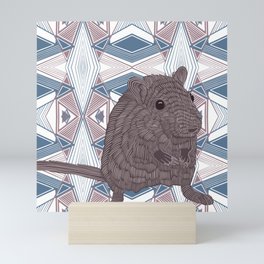 Cute Gerbil on a blue patterned background Mini Art Print