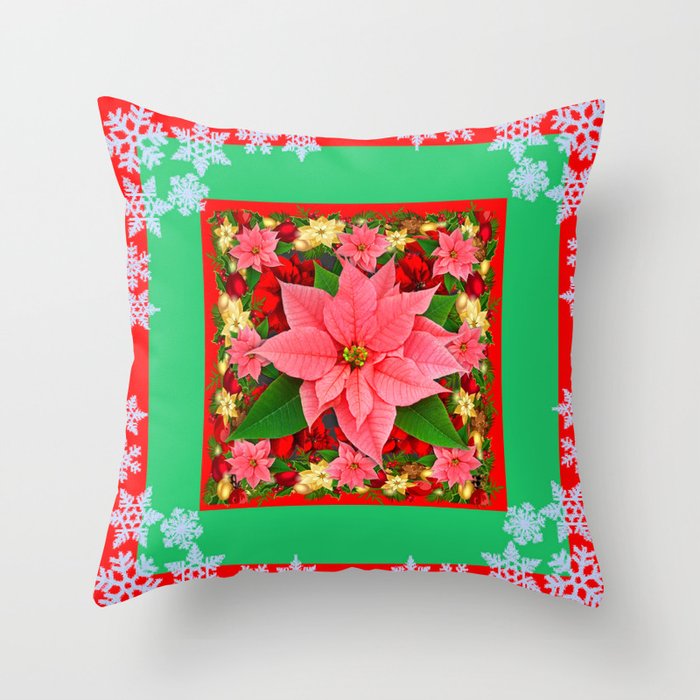 DECORATIVE SNOWFLAKES RED PINK POINSETTIAS CHRISTMAS ART Throw Pillow by SharlesArt Society6