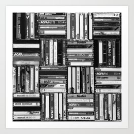 Music Cassette Stacks - Black and White - Something Nostalgic IV #decor #society6 #buyart Art Print