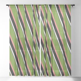 [ Thumbnail: Eyecatching Green, Light Coral, Black, Beige, and Dark Blue Colored Lined/Striped Pattern Sheer Curtain ]