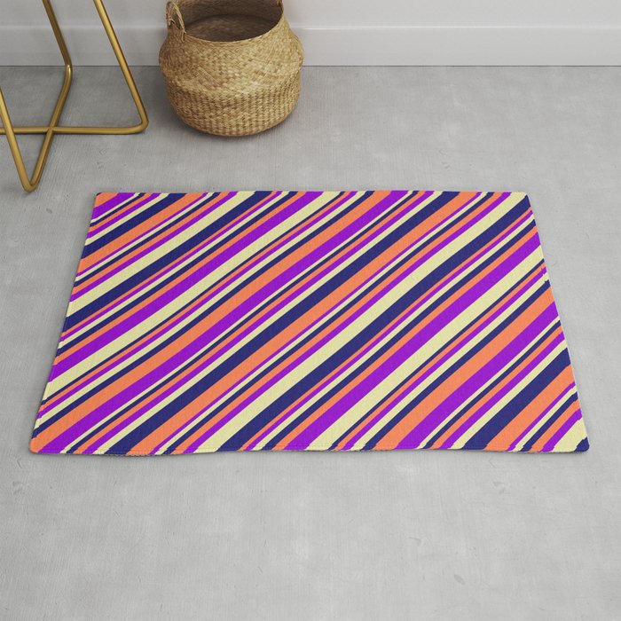 Coral, Dark Violet, Pale Goldenrod, and Midnight Blue Colored Lined/Striped Pattern Rug