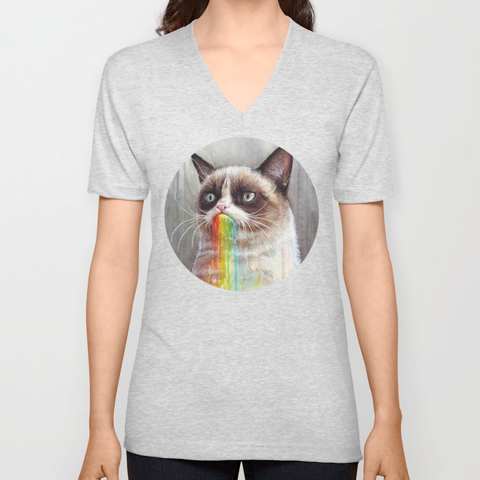 Cat Tastes the Grumpy Rainbow V Neck T Shirt