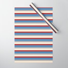 [ Thumbnail: Red, Blue, Dark Grey & Beige Colored Lines/Stripes Pattern Wrapping Paper ]