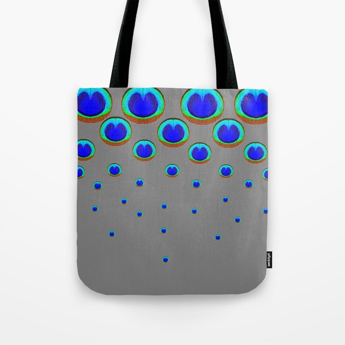 BLUE PEACOCK FEATHER PATTERN EYES GREY ART   Tote Bag