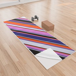 [ Thumbnail: Vibrant Red, Orchid, Midnight Blue, Lavender, and Black Colored Lines Pattern Yoga Towel ]