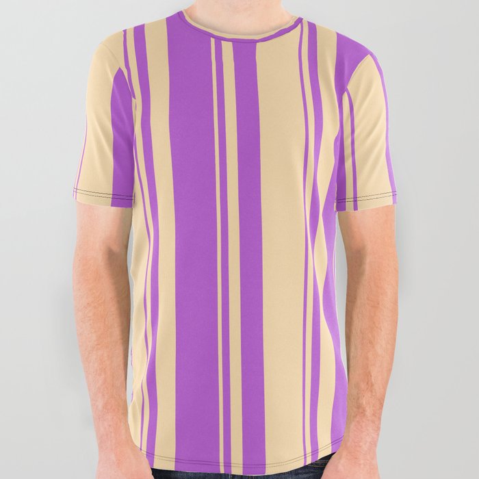 Tan & Orchid Colored Stripes Pattern All Over Graphic Tee