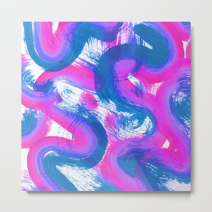 Wavy Lines and Squiggles Abstract Painting - Neon Blue, Magenta and Teal Metal Print