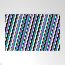 [ Thumbnail: Purple, Dark Cyan, Beige & Black Colored Striped Pattern Welcome Mat ]