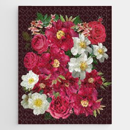 Vintage Dark Red Peonies and Roses Flower Bouquet Jigsaw Puzzle